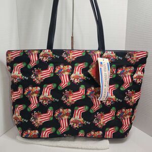 Saddle River Christmas Stocking Tote Bag Black Holiday Festive Print New